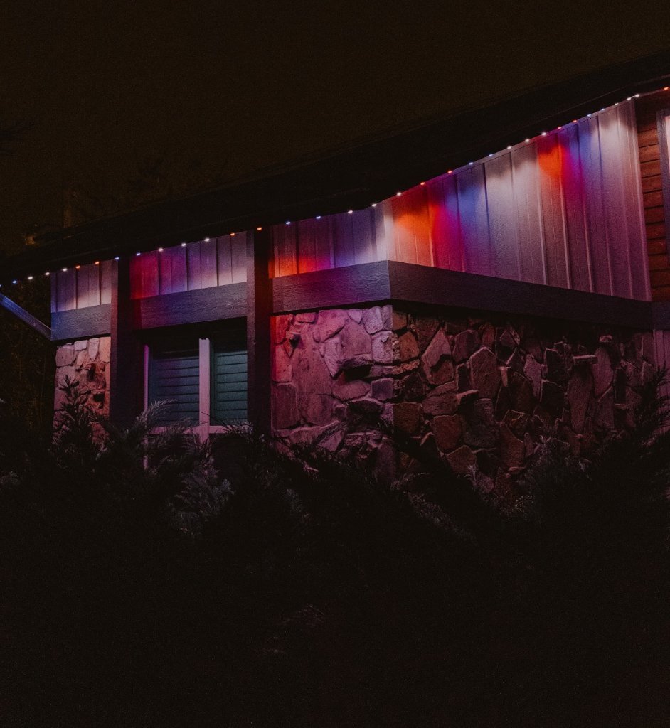 Permanent holiday color lighting installed on an OKC metro home